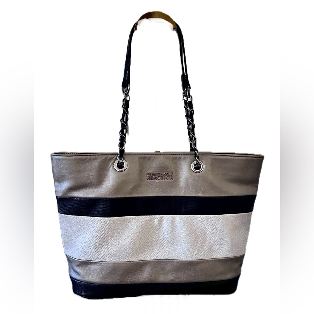 KENNETH COLE REACTION Striped Tote Black, White, Tan with Black & Chain Strap